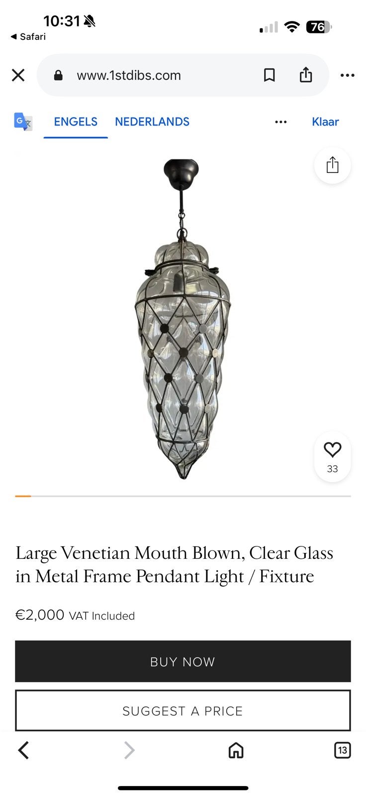 Xl venetiaanse mondgeblazen lamp, Ophalen, Zo goed als nieuw