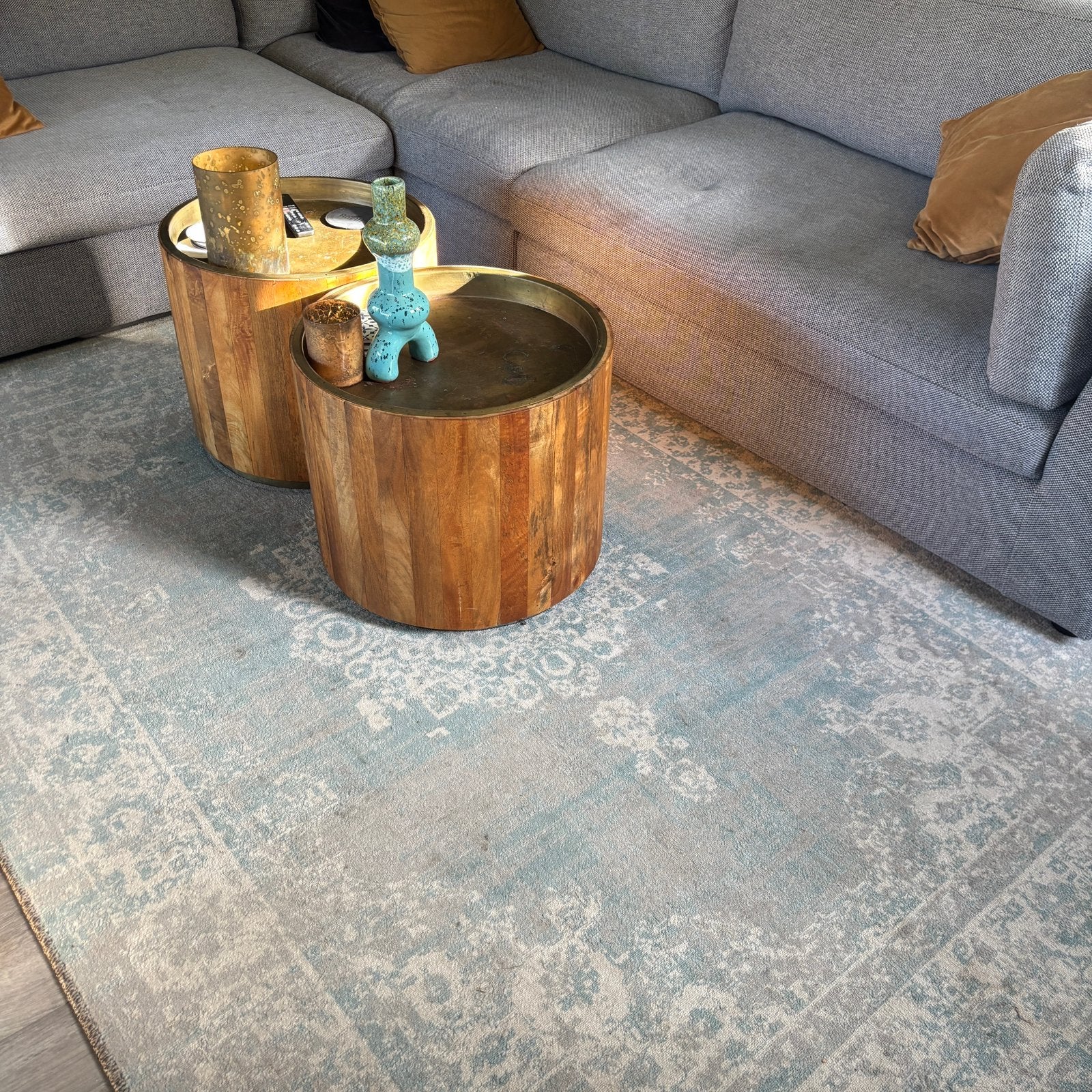 Groot vloerkleed 230 x 160 cm – turquoise/beige vintage look, Ophalen, Gebruikt, Beige, Tapijt