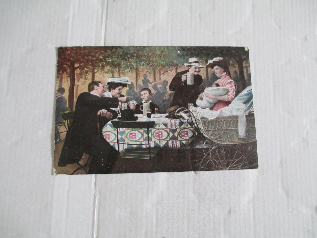 oude ansichtkaart 2 famiies aan tafel, Ophalen of Verzenden, Voor 1920, Gelopen