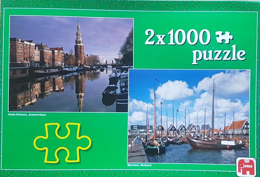 2 Jumbo puzzels Amsterdam en Marken 2 x 1000 pc zgan., Ophalen of Verzenden, 500 t/m 1500 stukjes, Zo goed als nieuw