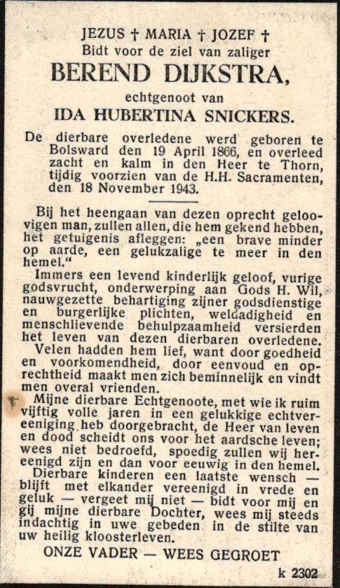 Dijkstra Berend Bolsward 1866-1943 Thorn, Verzamelen, Ophalen of Verzenden