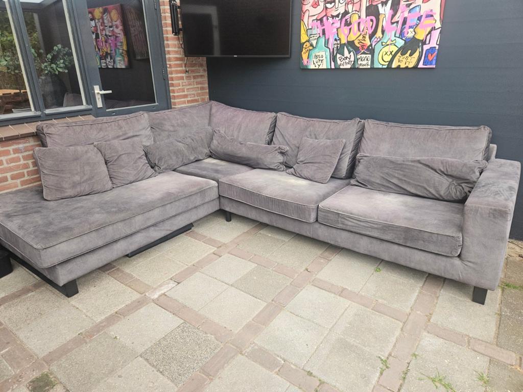 Grote groene hoekbank met chaise longue, Huis en Inrichting, Banken | Bankstellen, Gebruikt, Hoekbank, 300 cm of meer, Ophalen of Verzenden