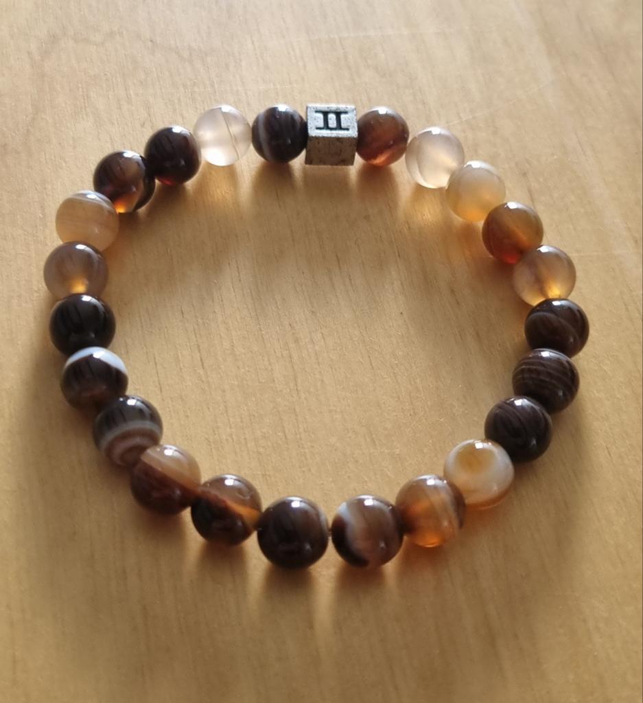 Natuursteen armband Botswana agaath met gemini teken, Ophalen of Verzenden, Nieuw, Bruin, Met edelsteen