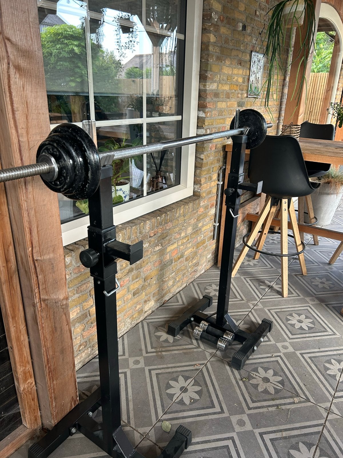 Golds Gym Verstelbaar Squatrek met Stang en Gewichten, Sport en Fitness, Fitnessmaterialen, Ophalen, Gebruikt, Armen, Overige typen