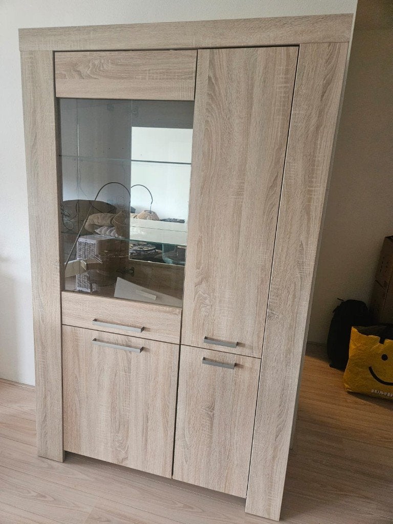 Vitrinekast, Ophalen, Met deur(en), 100 tot 150 cm, Eikenhout