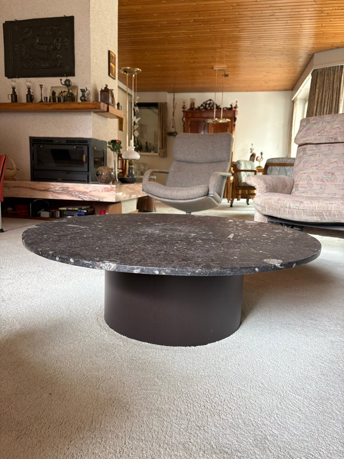 Bijzondere vintage fossiele salontafel – Ø 100 cm, Ophalen, Overige materialen, Gebruikt, 50 tot 100 cm