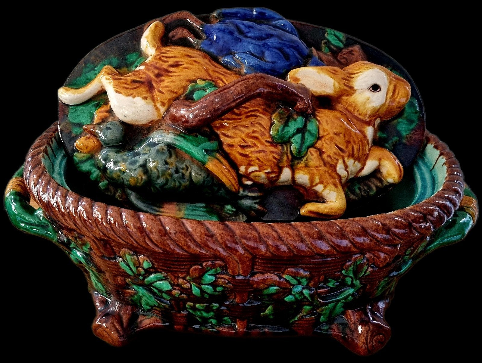 ANTIEKE MAJOLICA JACHT TERRINE MET WILD TAFEREEL  1880/1900, Ophalen of Verzenden