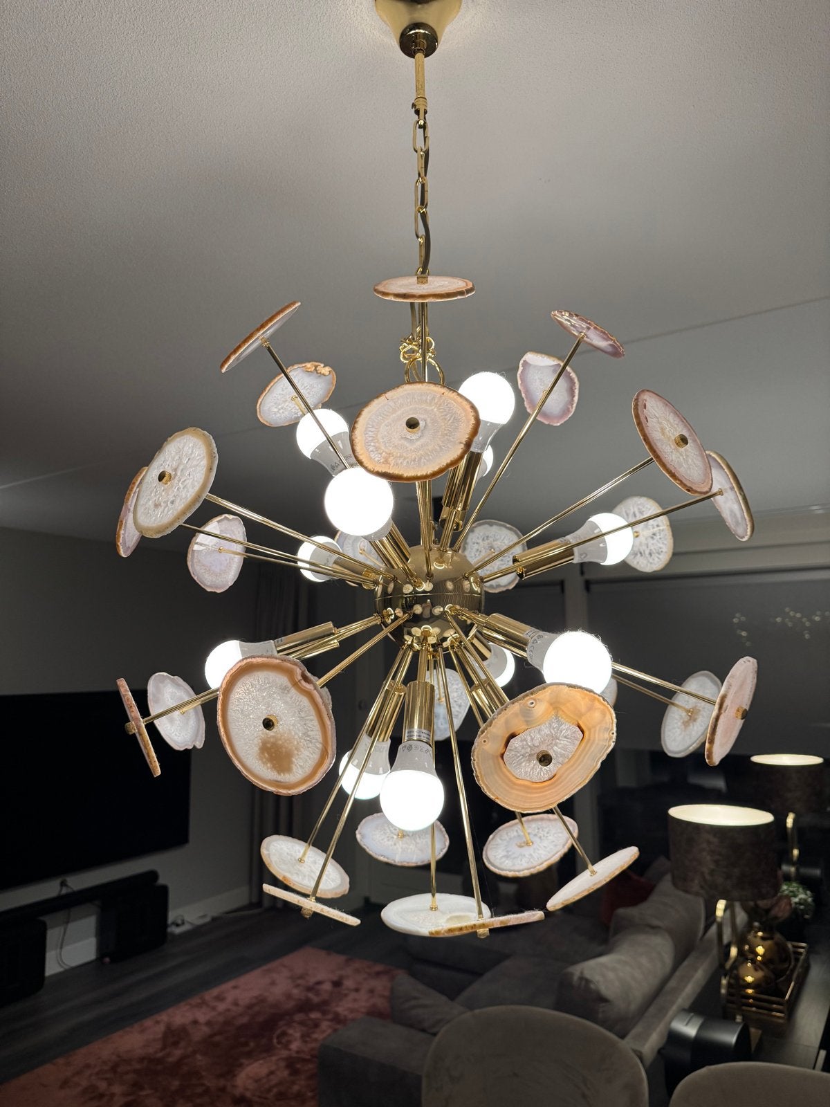 Richmond Hanglamp Goud met Agaatsteen Plaatjes, Ophalen of Verzenden, Gebruikt, Metaal, 50 tot 75 cm