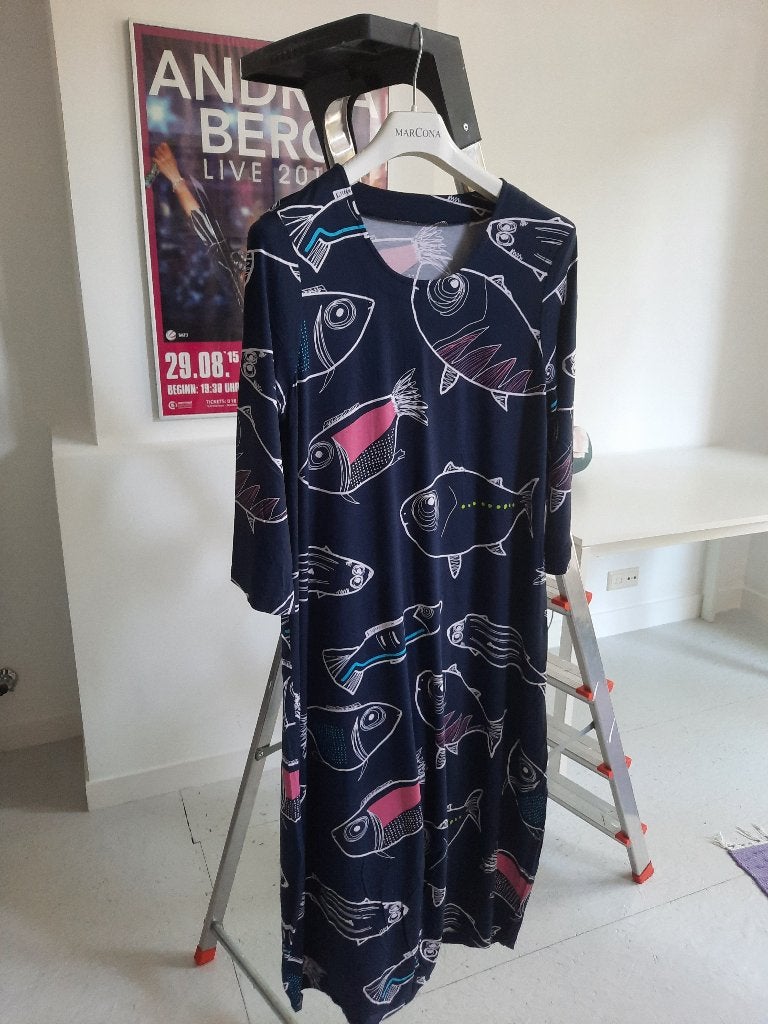 prachtige tricot jurk met vissen maat XL A lijn, Kleding | Dames, Ophalen of Verzenden, Zo goed als nieuw, Maat 46/48 (XL) of groter