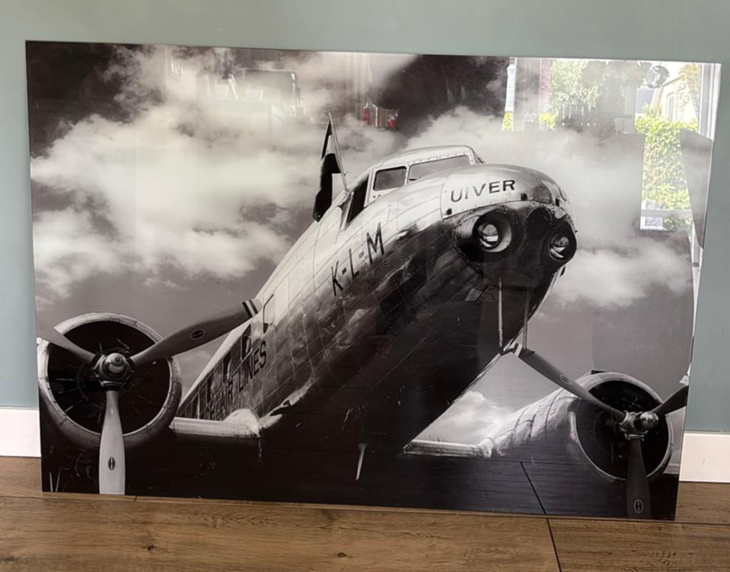 Wanddecoratie, glazenplaat met oud klm vliegtuig 100x70cm, Ophalen, Schilderij, Minder dan 50 cm