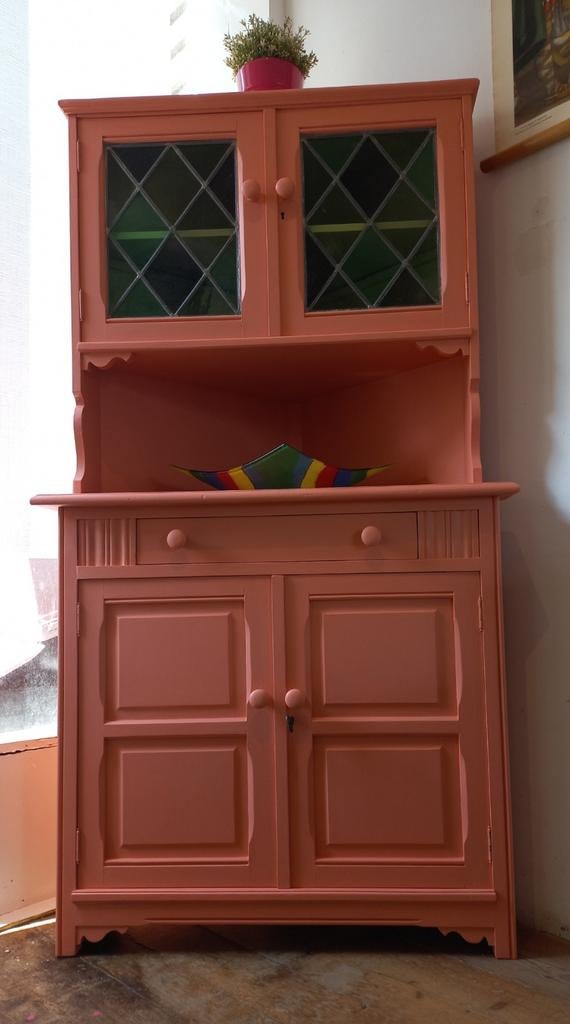 Hoekkastje met glas in lood raampjes, vintage, Huis en Inrichting, Kasten | Buffetkasten, Ophalen, 50 tot 100 cm, Glas, Minder dan 100 cm