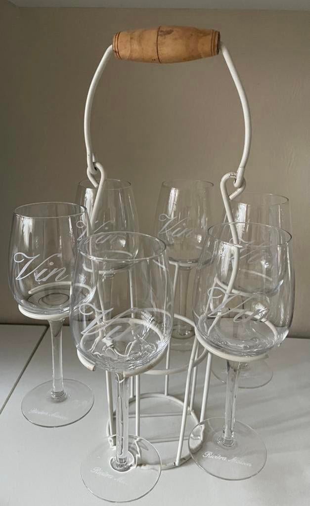 6 Riviéra Maison wijnglazen met een draagrek, Ophalen, Zo goed als nieuw, Glas, Minder dan 5 flessen