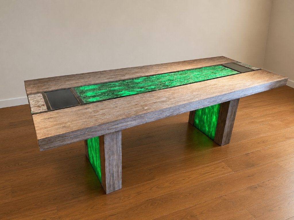 Multimedia tafel met schermen audio en LED, Ophalen, Gebruikt, Teakhout, 200 cm of meer