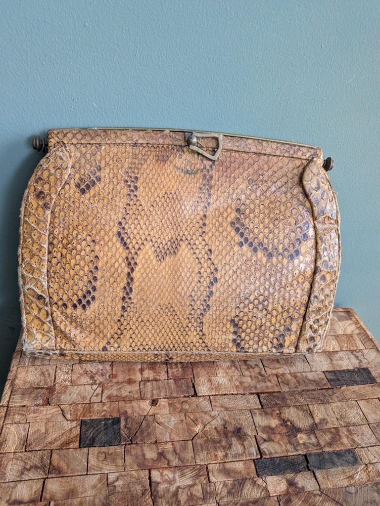 Vintage tas van slangenleer, uniek exemplaar, Ophalen of Verzenden, Gebruikt, Geel, Handtas