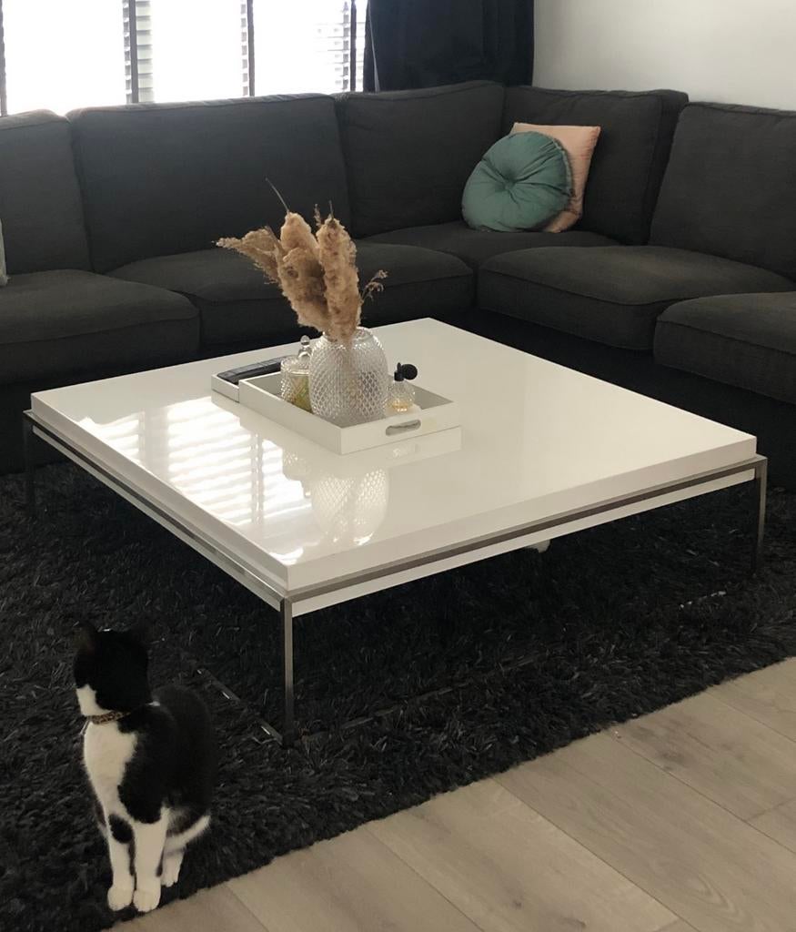 Hoogglans witte salontafel 100x100 cm met gebruikssporen, Ophalen, Kunststof, Gebruikt, Vierkant