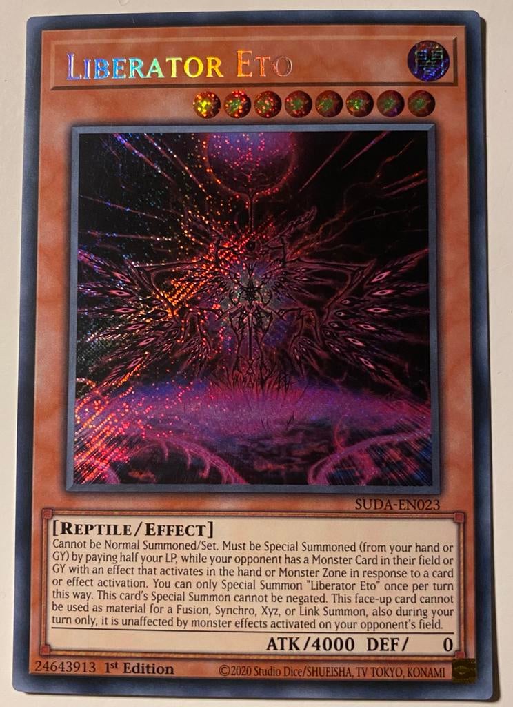 Yu-Gi-Oh! Liberator Eto SUDA 1st Edition !, Ophalen of Verzenden, Zo goed als nieuw, Losse kaart, Foil