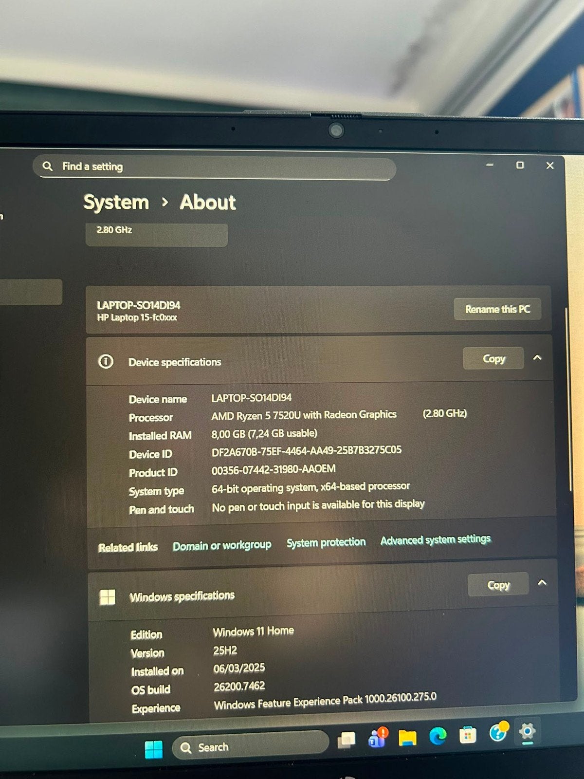 HP Laptop met AMD Ryzen 5 7520U en 8GB RAM, Ophalen, Met videokaart, 2 tot 3 Ghz, 8 GB