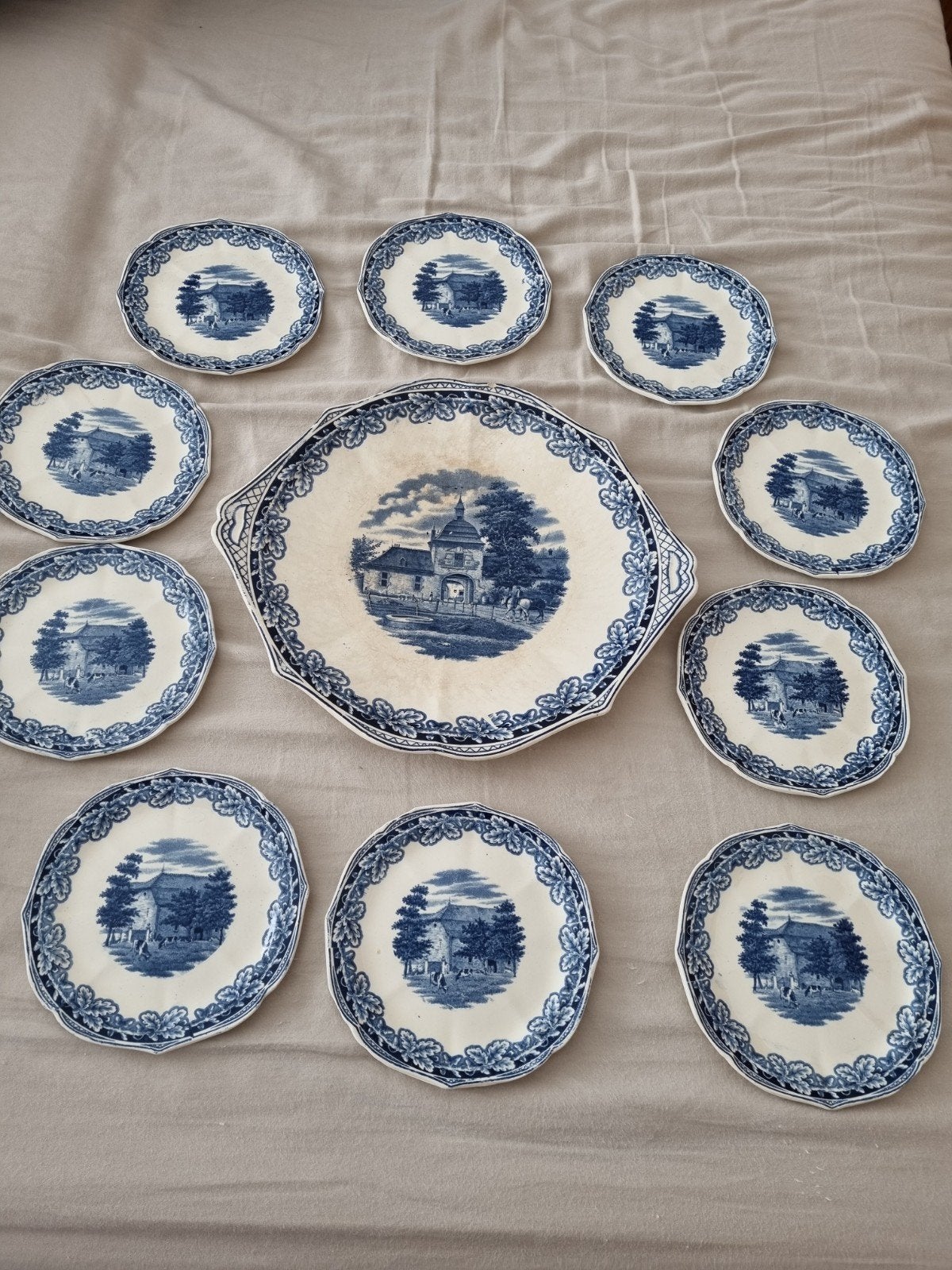 Gebaksstel  met 10 bordjes. Antiek. Boerenhoeve, Antiek en Kunst, Ophalen of Verzenden