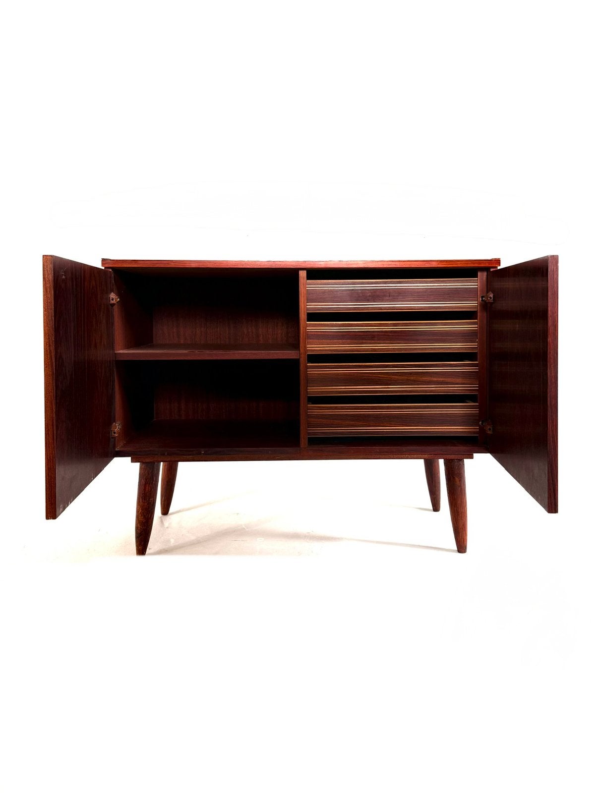Vintage Deens Palissander houten sideboard ‘60, Vintage retro buisframe design rotan webbing papercord deens, Met lade(s), Zo goed als nieuw