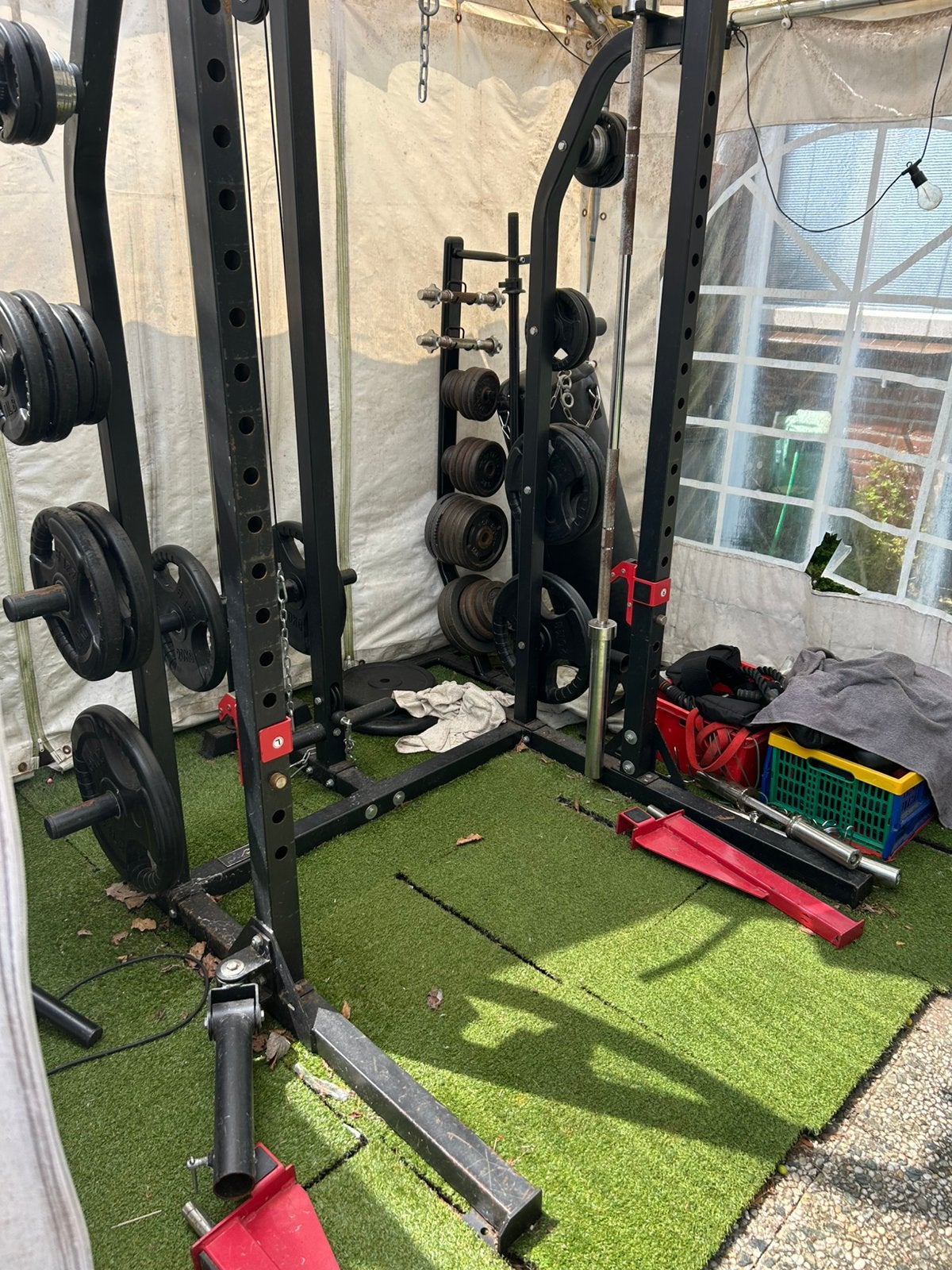 Heavy duty half rack + cable station en 4x 20kg schijf, Ophalen, Gebruikt, Halterschijven