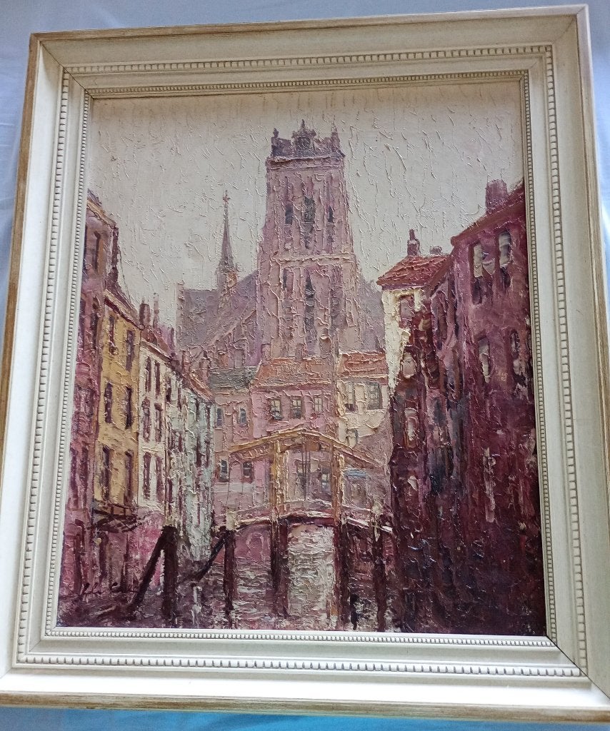 Oud olieverfschilderij stadsgezicht op doek – ingelijst, Antiek en Kunst, Ophalen, Doek, Impressionistisch, Bijzondere lijst