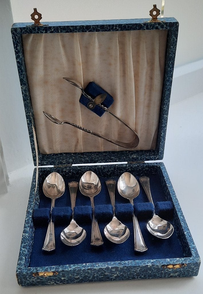 Antiek silver-plated setje theelepels en suikerschep., Antiek en Kunst, Antiek | Bestek, Ophalen of Verzenden