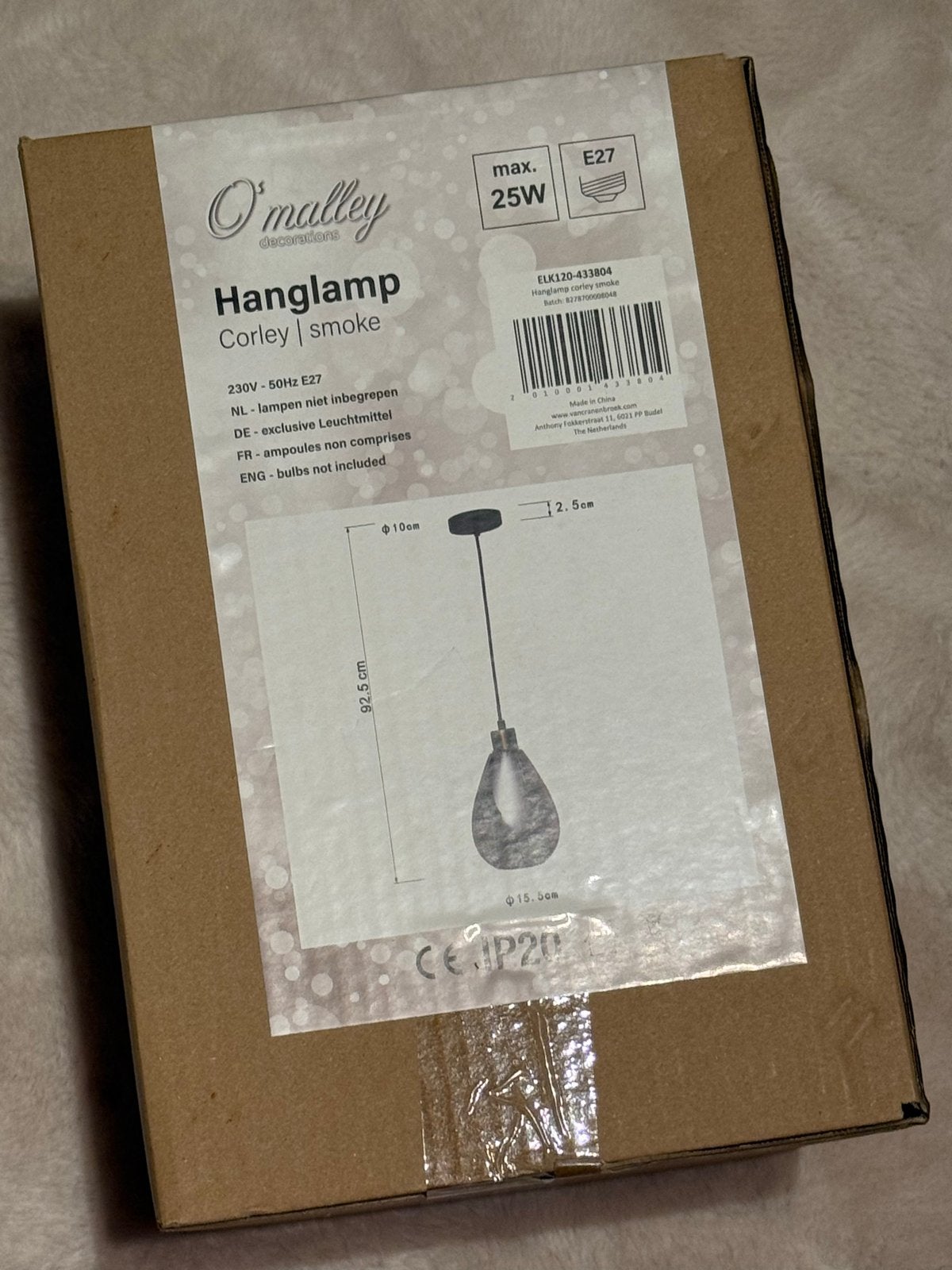O'Malley Corley hanglamp smoke - Nieuw in doos, Nieuw, Glas, Modern, E27 (groot)
