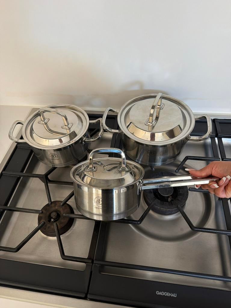 Pannenset Herman den Blijker, Huis en Inrichting, Keuken | Potten en Pannen, Ophalen, Gebruikt, Rvs, Pannenset