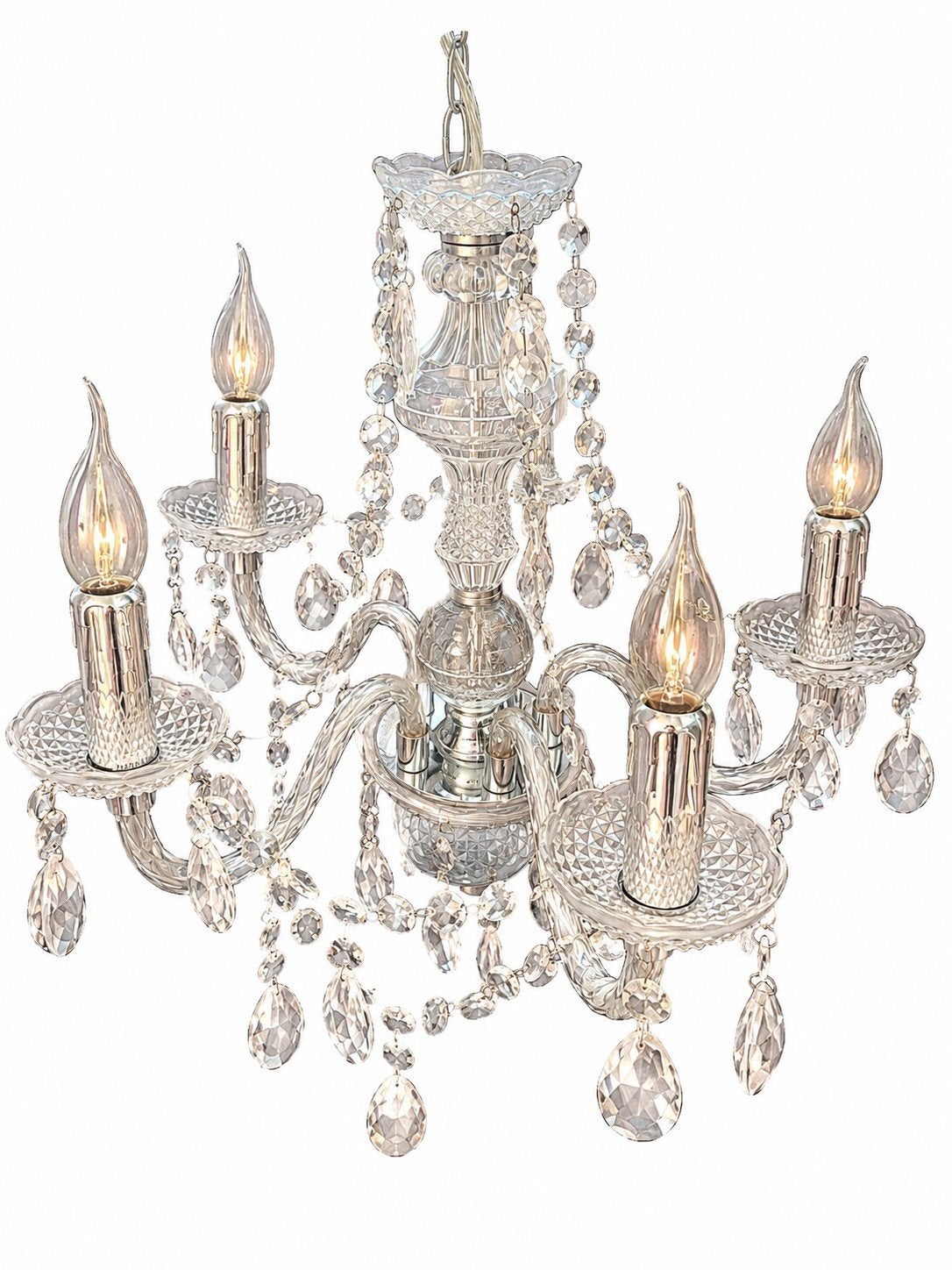 Elegante kristallen kroonluchter met 5 armen, Gebruikt, Klassiek, Kristal, Barok, E14 (klein), Ophalen of Verzenden