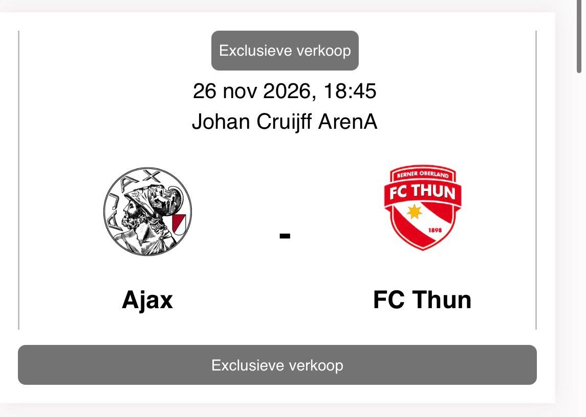 Opzoek naar ajax thun tickets op f side, Losse kaart, Twee personen, December, Europa of Champions League