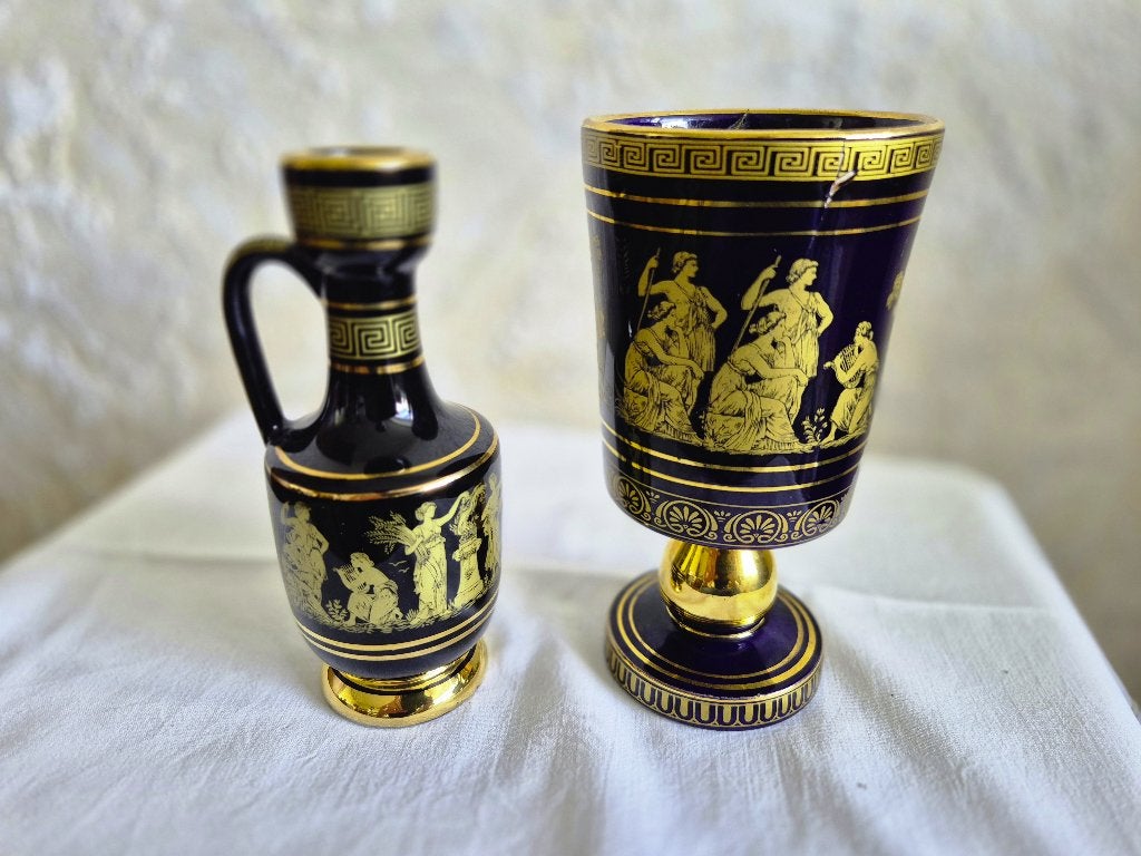 Vintage Grieks Keramiek Set - Kobaltblauw met 24K Goud, Ophalen of Verzenden