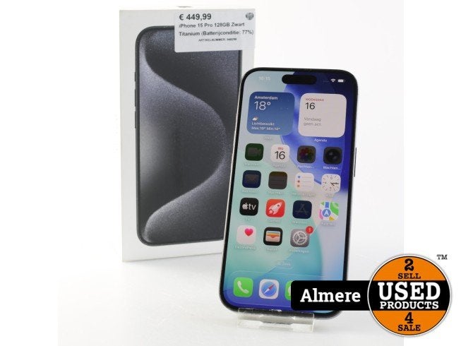 iPhone 15 Pro 128GB Zwart Titanium (Batterijconditie: 77%), Apple, Zo goed als nieuw, Support@apple.com, One Apple Park Way
Cupertino, CA 95014
United States