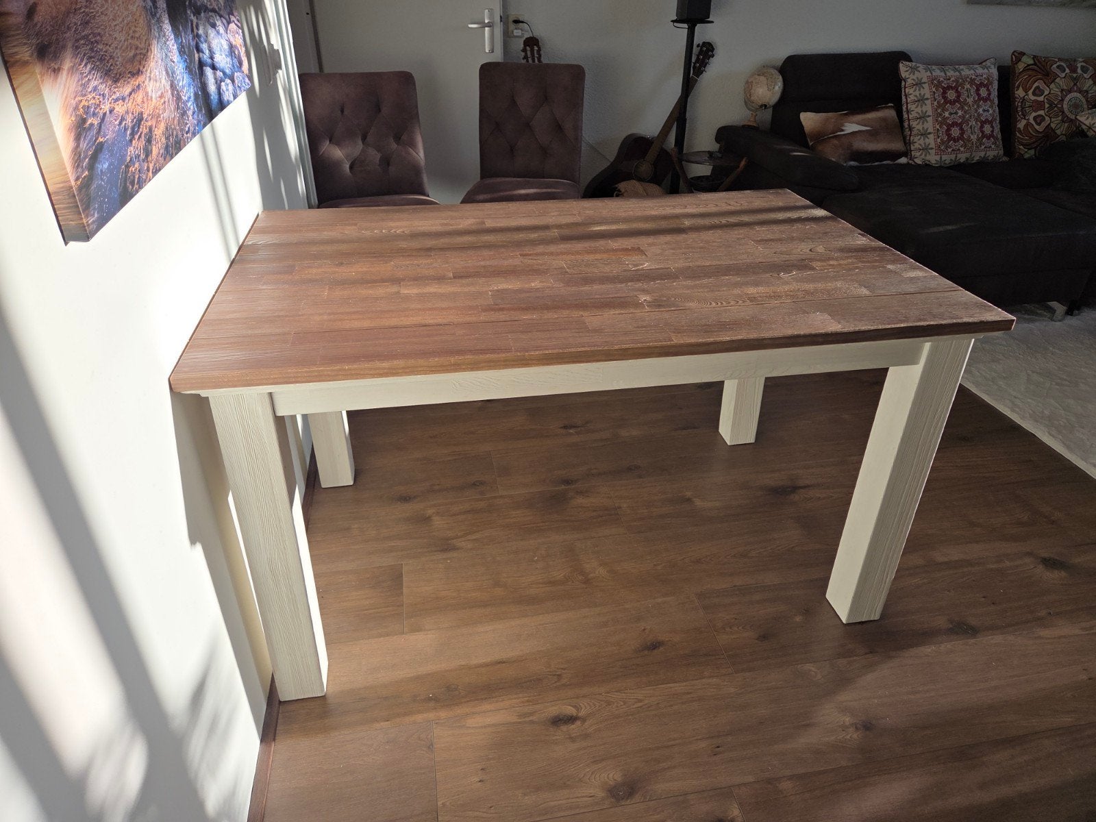 Eettafel met houten blad en witte poten H77,5 B90,5 L140,5, Huis en Inrichting, Tafels | Eettafels, Ophalen, 100 tot 150 cm, 50 tot 100 cm