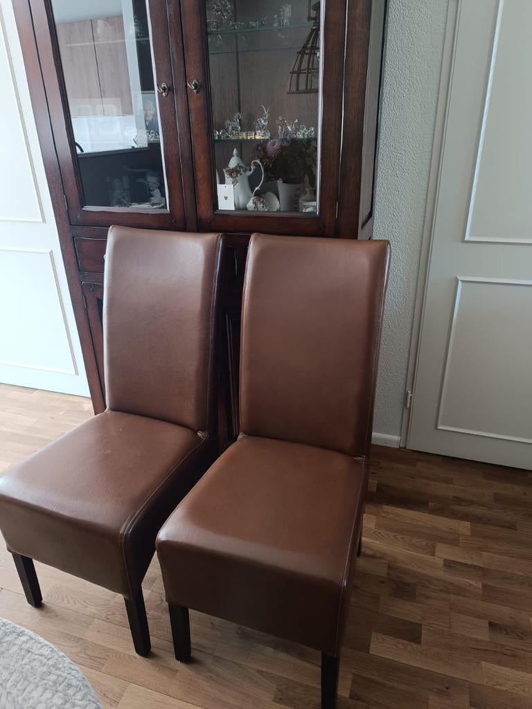 6 bruine leren eetkamerstoelen in zeer goede staat, Ophalen, Bruin, Leer, Zo goed als nieuw