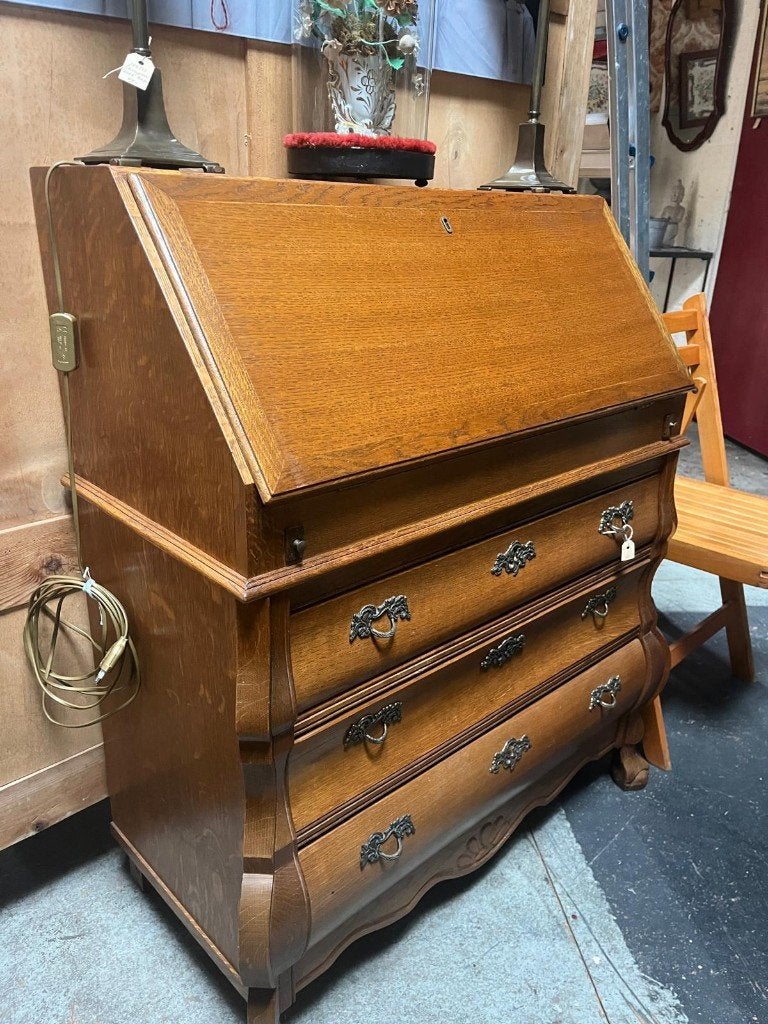 3) Eiken klep secretaire met Lades, Ophalen, Gebruikt, Onbekend, Onbekend