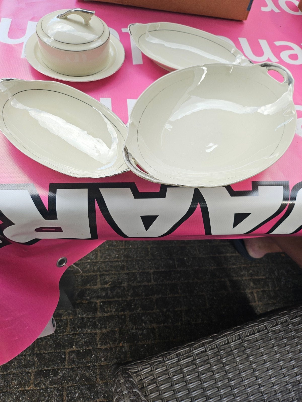 Vintage ovale schalen en botervloot met zilveren rand, Ophalen of Verzenden