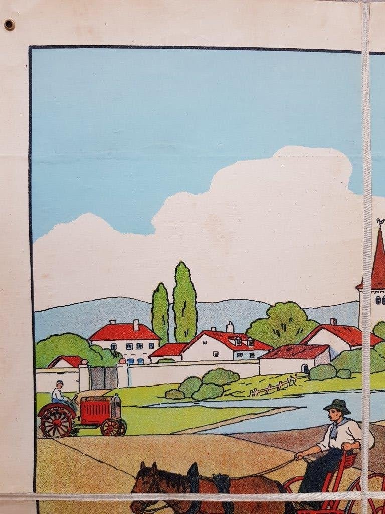 Hooi oogsten oude schoolplaat uit Frankrijk litho op canvas., Ophalen of Verzenden
