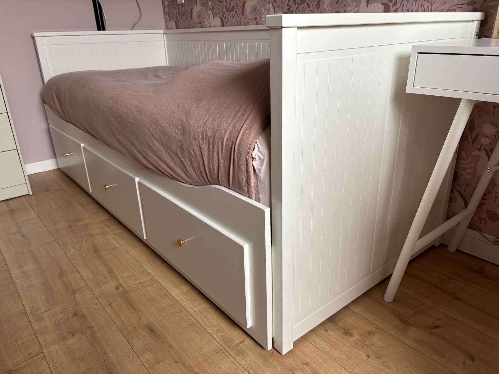 Ikea Hemnes bed met uitschuifbaar lattenbodem en lades, Ophalen, Gebruikt, Eenpersoons, Wit