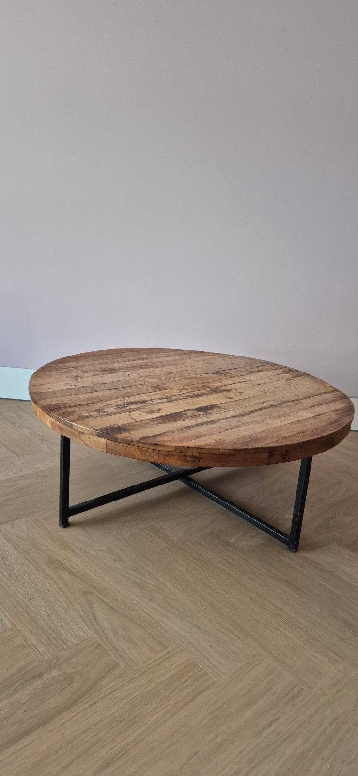 Ronde salontafel van hout en metaal - 100 cm diameter, Gebruikt, 50 tot 100 cm, Rond, 50 tot 100 cm