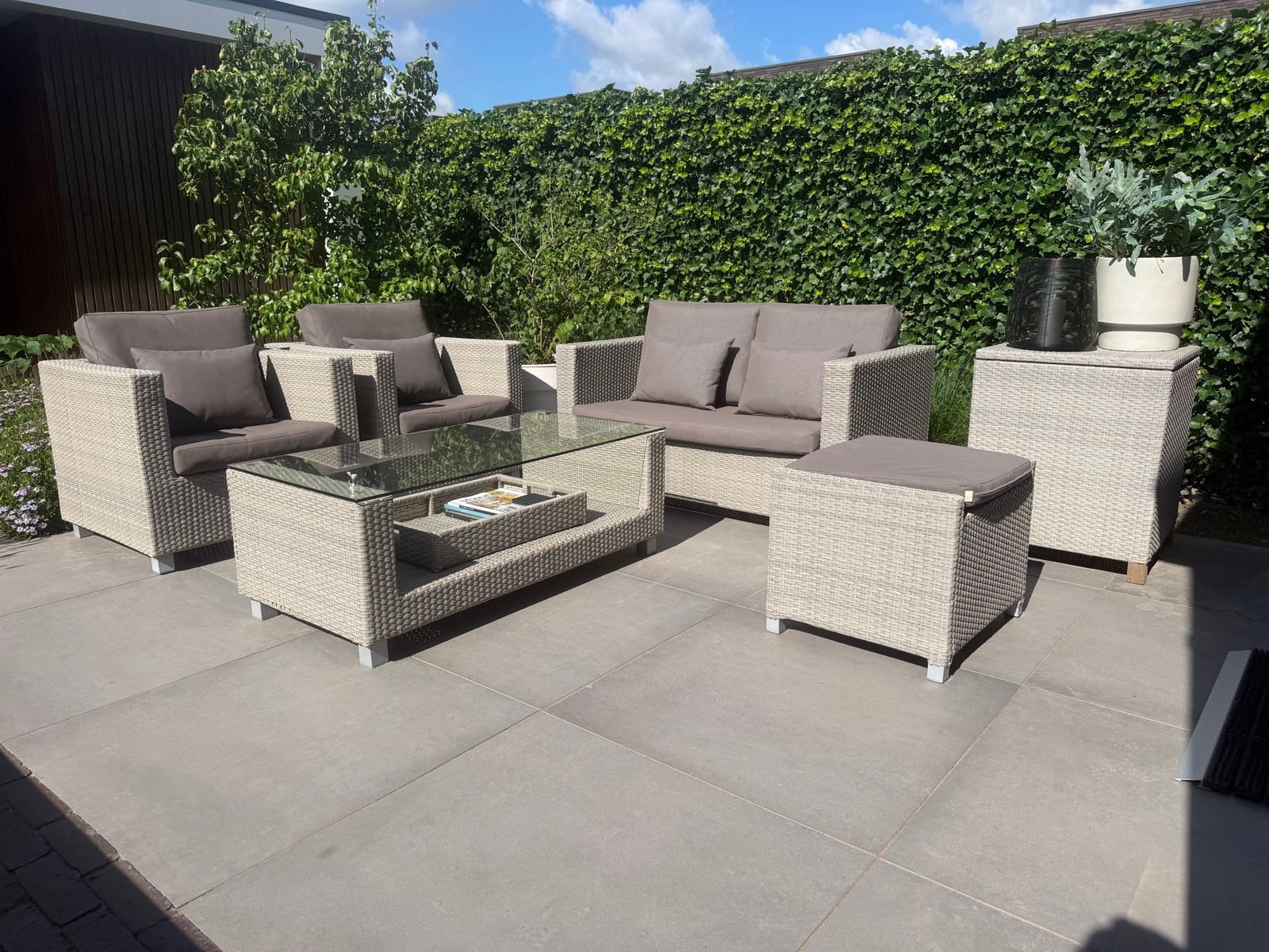 Complete beige/bruine all weather loungeset/ tuinset, Ophalen, 6 zitplaatsen, Zo goed als nieuw, Loungeset