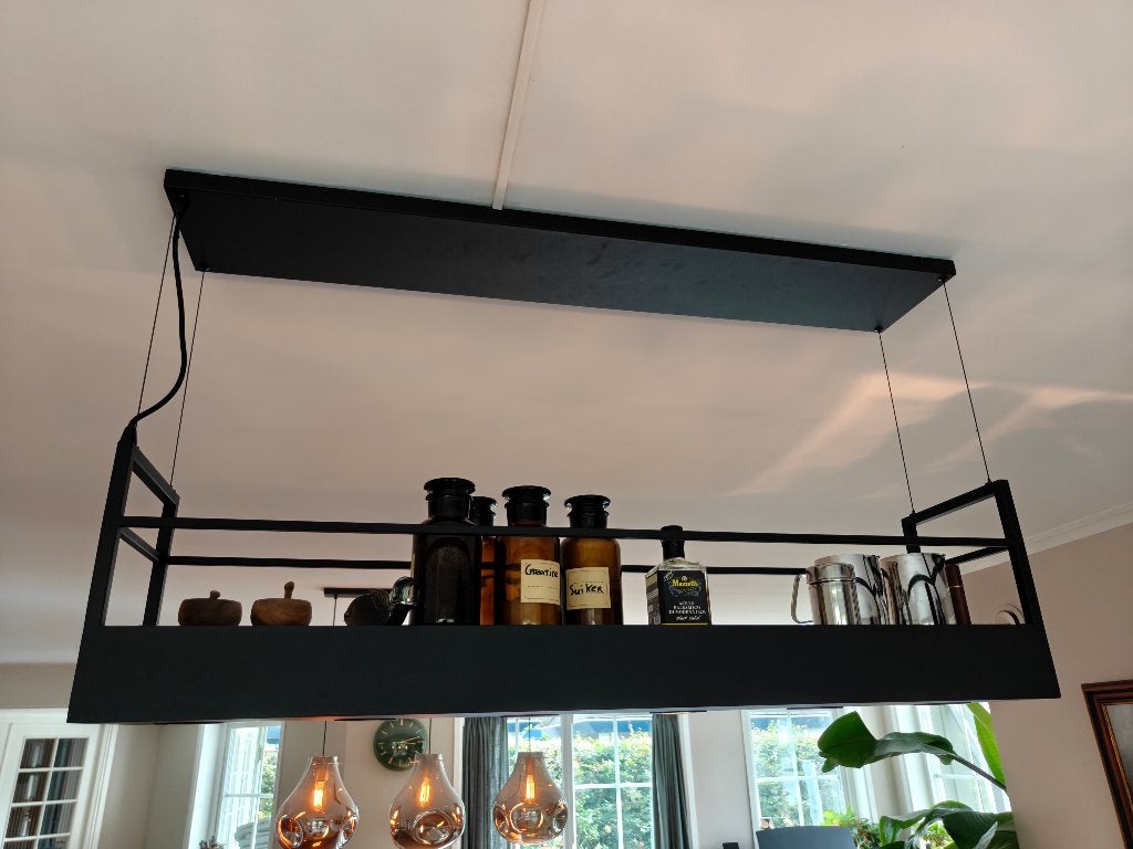Lucide Miravelle Hanglamp - Zwart Metaal met Opbergrek, Ophalen, Modern, Industrieel, Design, Overige fittingen, Zo goed als nieuw