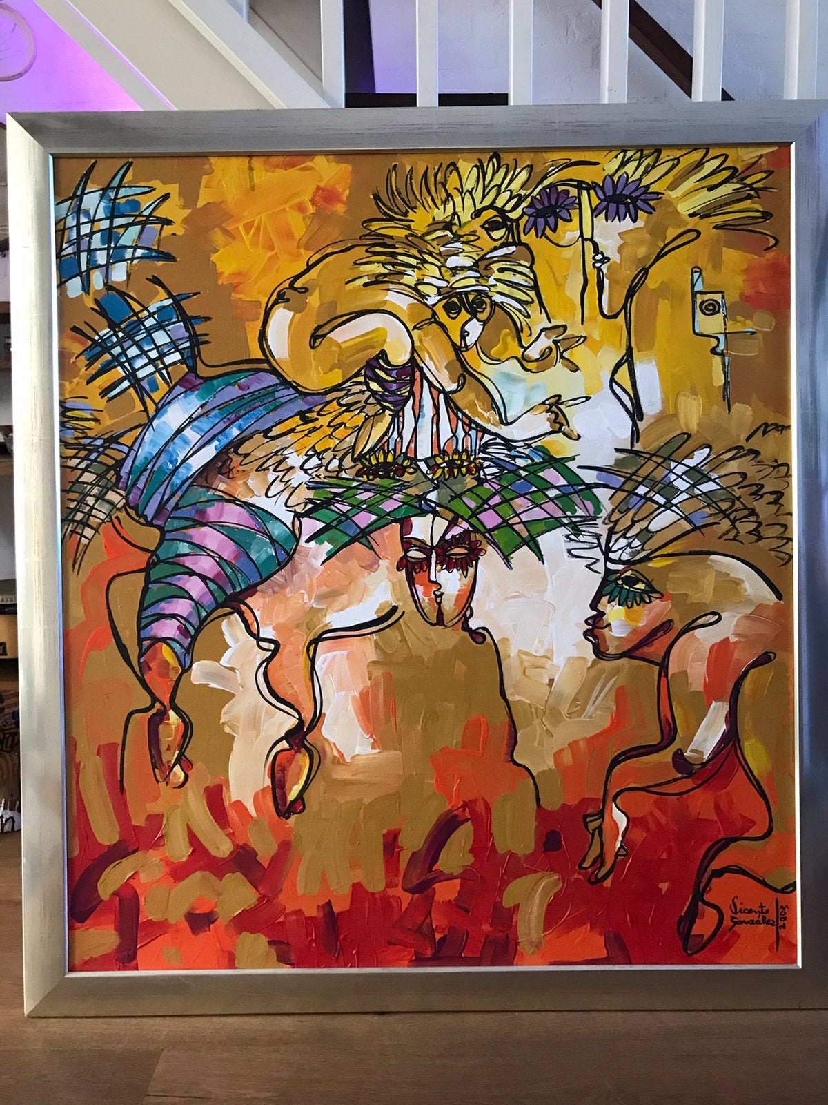 Kleurrijk schilderij 110 x 99,5 cm, Ophalen