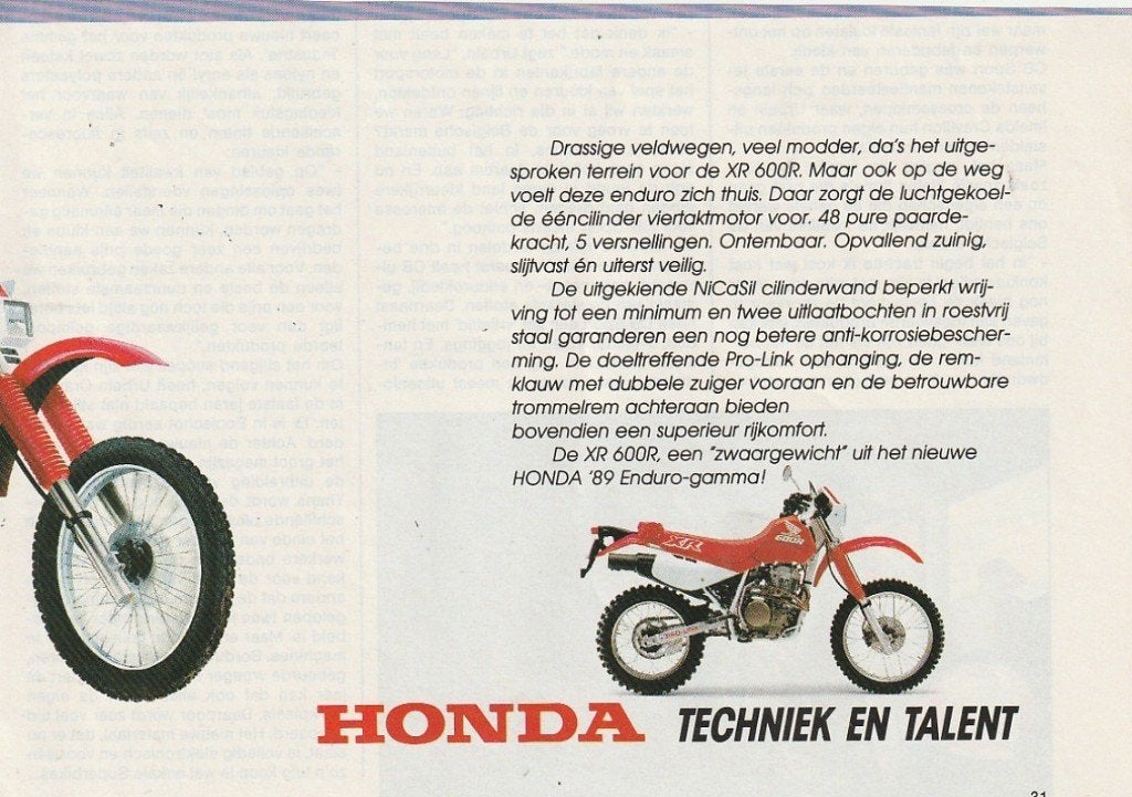 Retro reclame 1989 Honda motor de XR600R ontembaar, Verzamelen, Verzenden, Overige typen