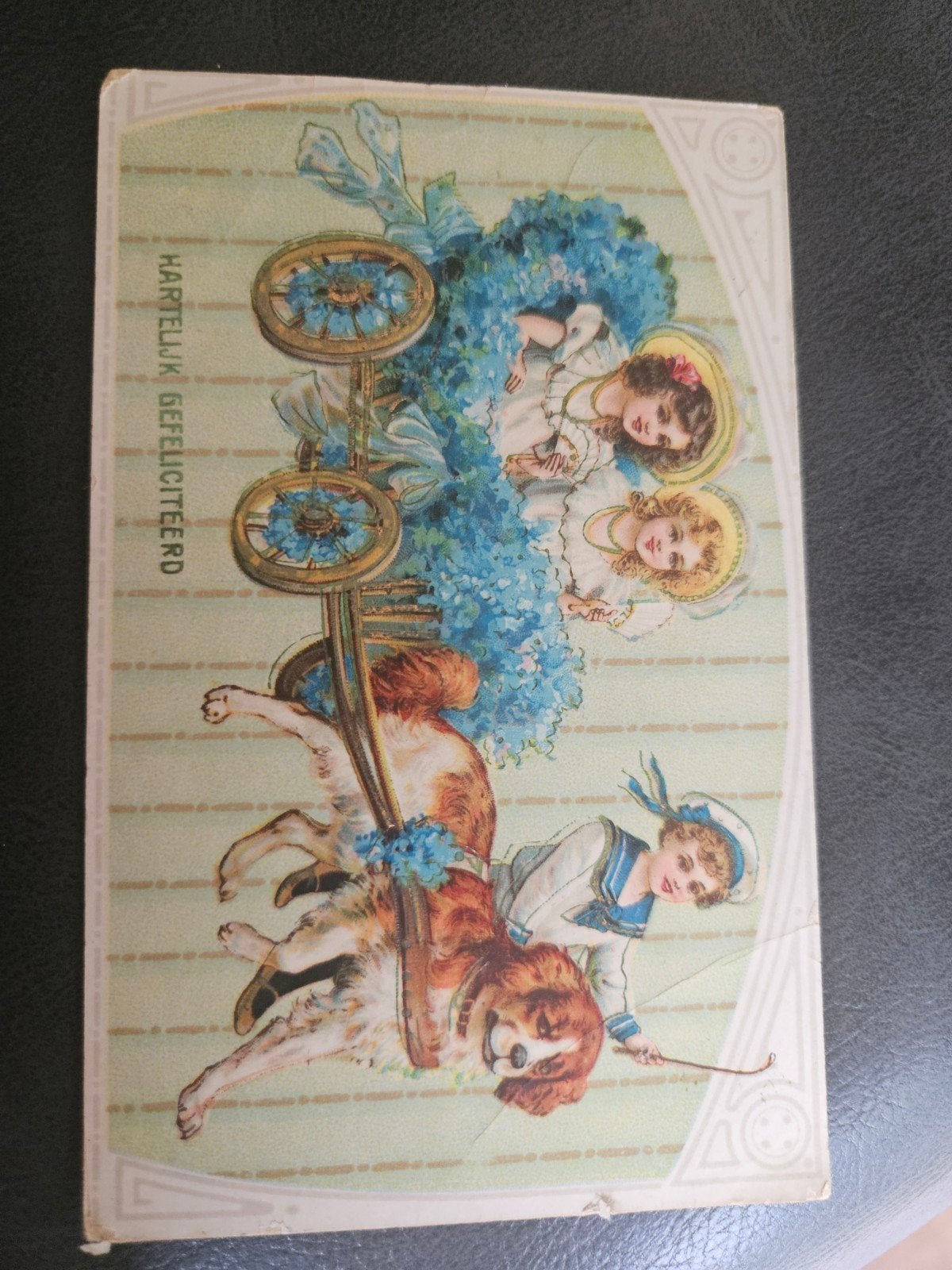 Brocante honden kar Meisjes, Hond en Jongen, Ophalen of Verzenden, Voor 1920, Gelopen