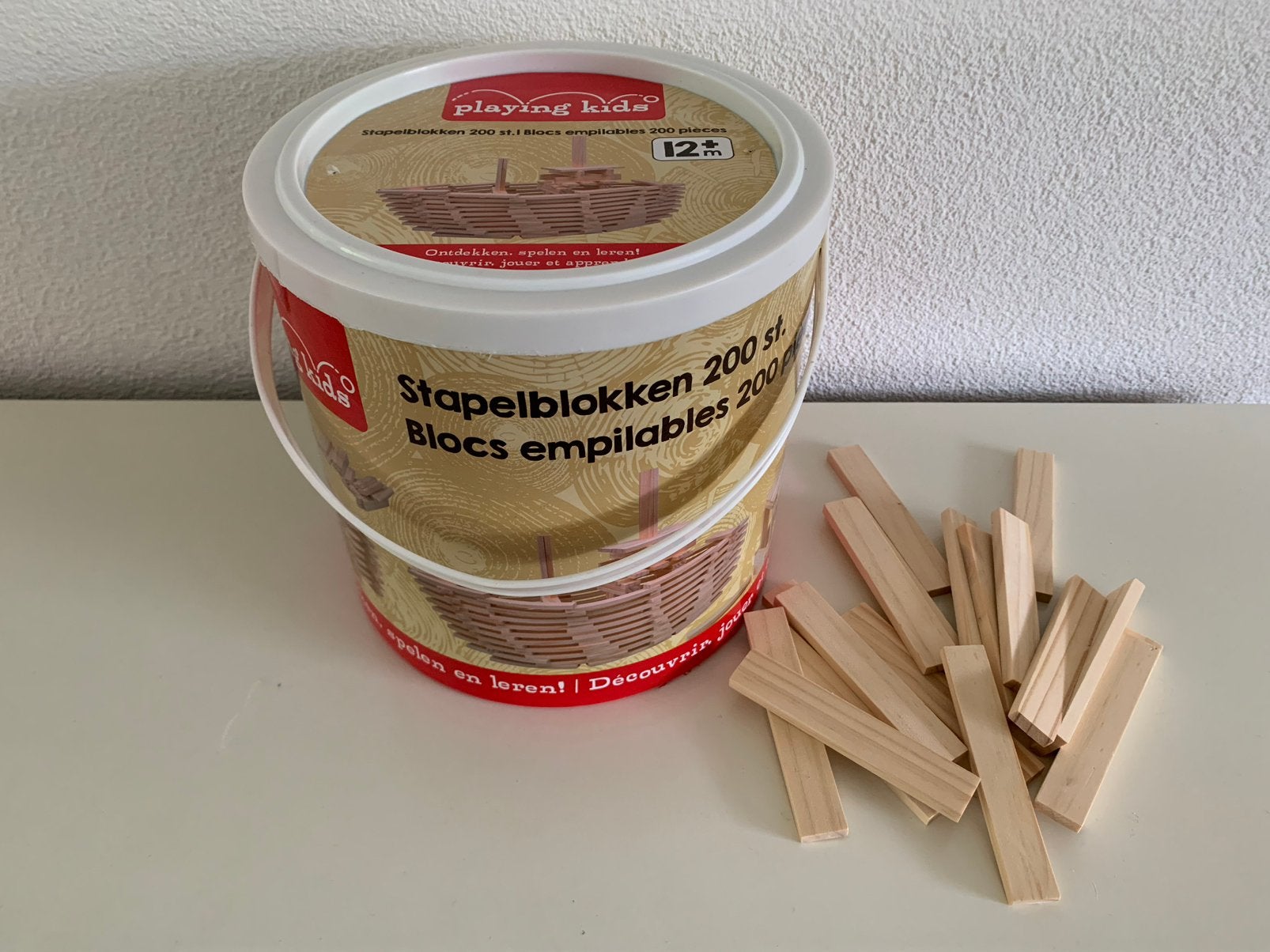 Draagbare ton met 200 houten blokjes., Ophalen of Verzenden, Zo goed als nieuw, Overige typen