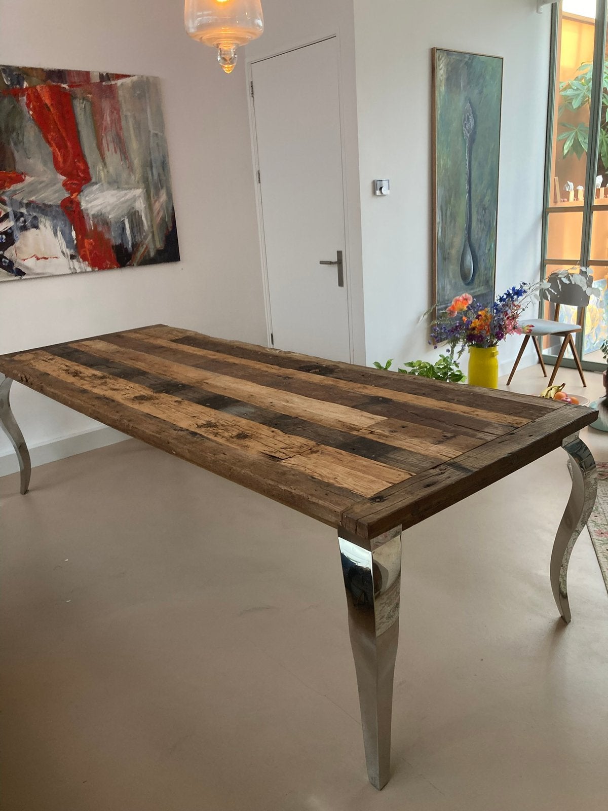 Trein bielzen tafel met zilverkleurige tafelpoten, Ophalen, 200 cm of meer, 50 tot 100 cm, Zo goed als nieuw