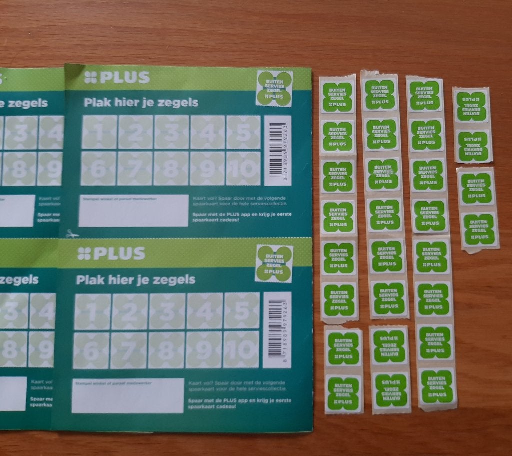 Plus buitenservies zegels 28st, Verzenden, Winkel, Super of Benzinepomp, Volle spaarkaart