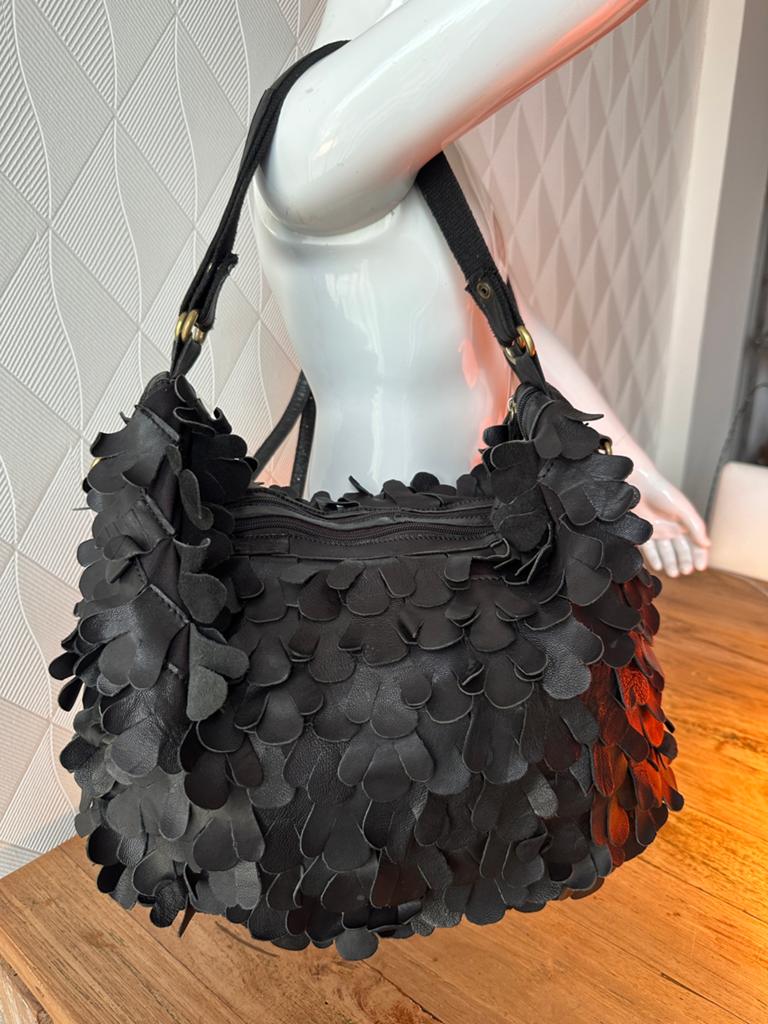 Unieke 3D Zwarte Leren Bohemian Bloemtas, Sieraden, Tassen en Uiterlijk, Tassen | Damestassen, Ophalen of Verzenden, Gebruikt