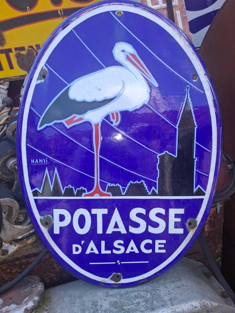 Vintage Emaille Bord Potasse d'Alsace Ooievaar Hansi, Ophalen of Verzenden