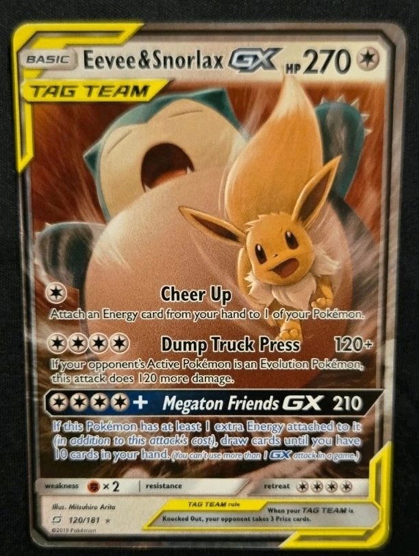 pokemon tag team team up eevee snorlax gx holo120/181, Ophalen of Verzenden, Zo goed als nieuw, Losse kaart, Foil